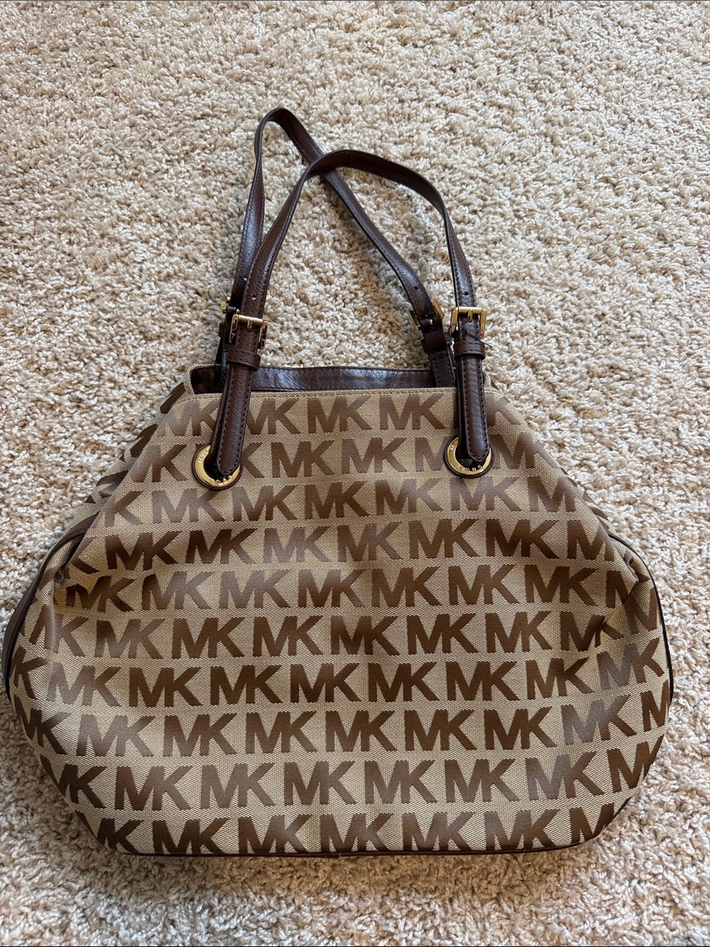 Michael Kors Tan and Brown MK Logo Shoulder Bag